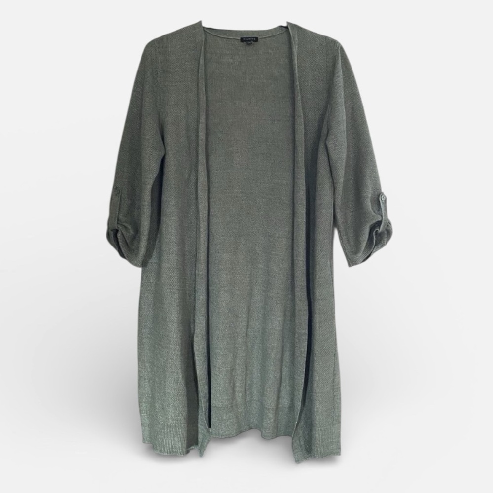 Talbots Linen Longline Green Open Front Lightweight Cardigan Sweater Sz Large